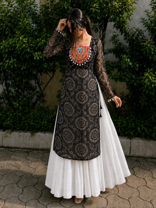 BALADA Women's Premium Georgette Navratri Kurti | Designer Long Sleeve Festive Kurti