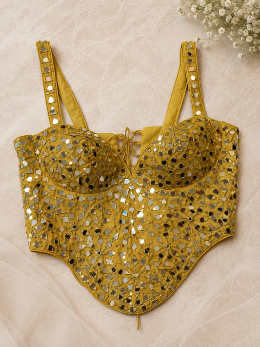 BALADA Designer Gold  Mirror Work Blouse for Women | Heavy Embroidered Party Wear Readymade Blouse