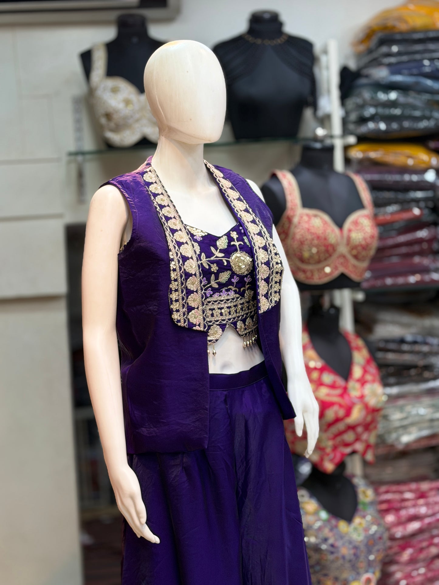 Women’s Purple Indo Western Palazzo Set with Embroidered Blouse & Shrug | Designer Party Wear 3 Piece Outfit