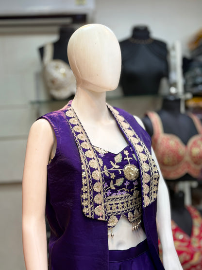 Women’s Purple Indo Western Palazzo Set with Embroidered Blouse & Shrug | Designer Party Wear 3 Piece Outfit