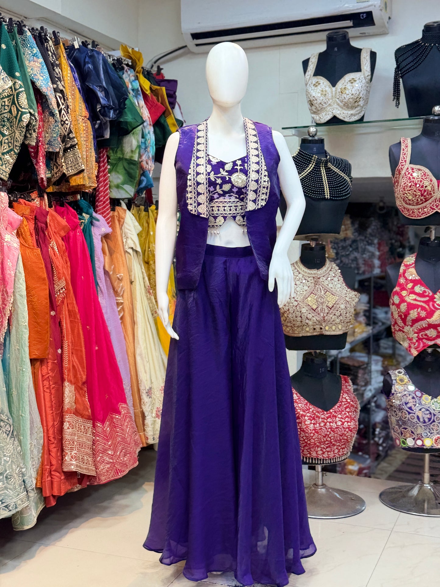 Women’s Purple Indo Western Palazzo Set with Embroidered Blouse & Shrug | Designer Party Wear 3 Piece Outfit