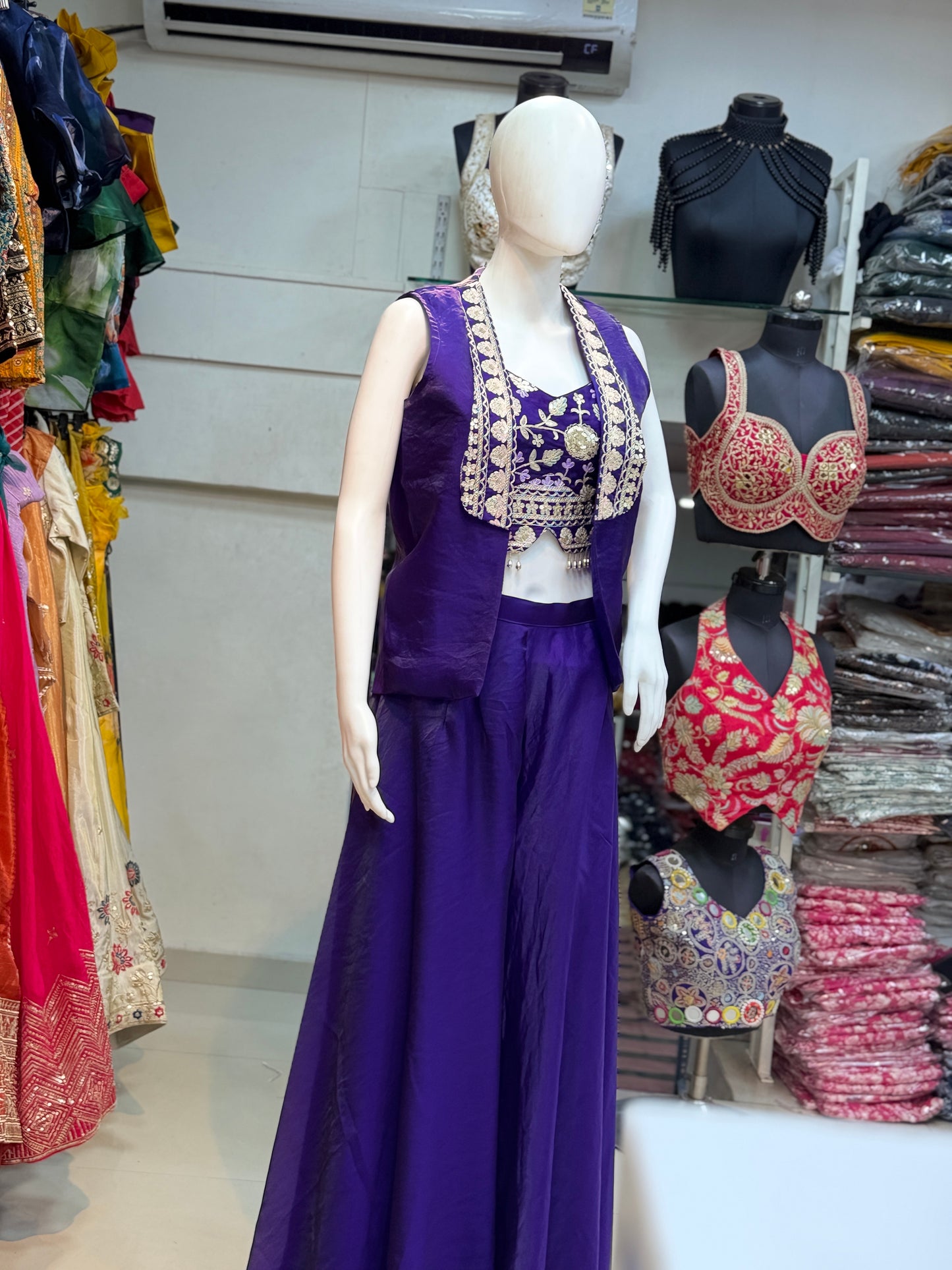 Women’s Purple Indo Western Palazzo Set with Embroidered Blouse & Shrug | Designer Party Wear 3 Piece Outfit