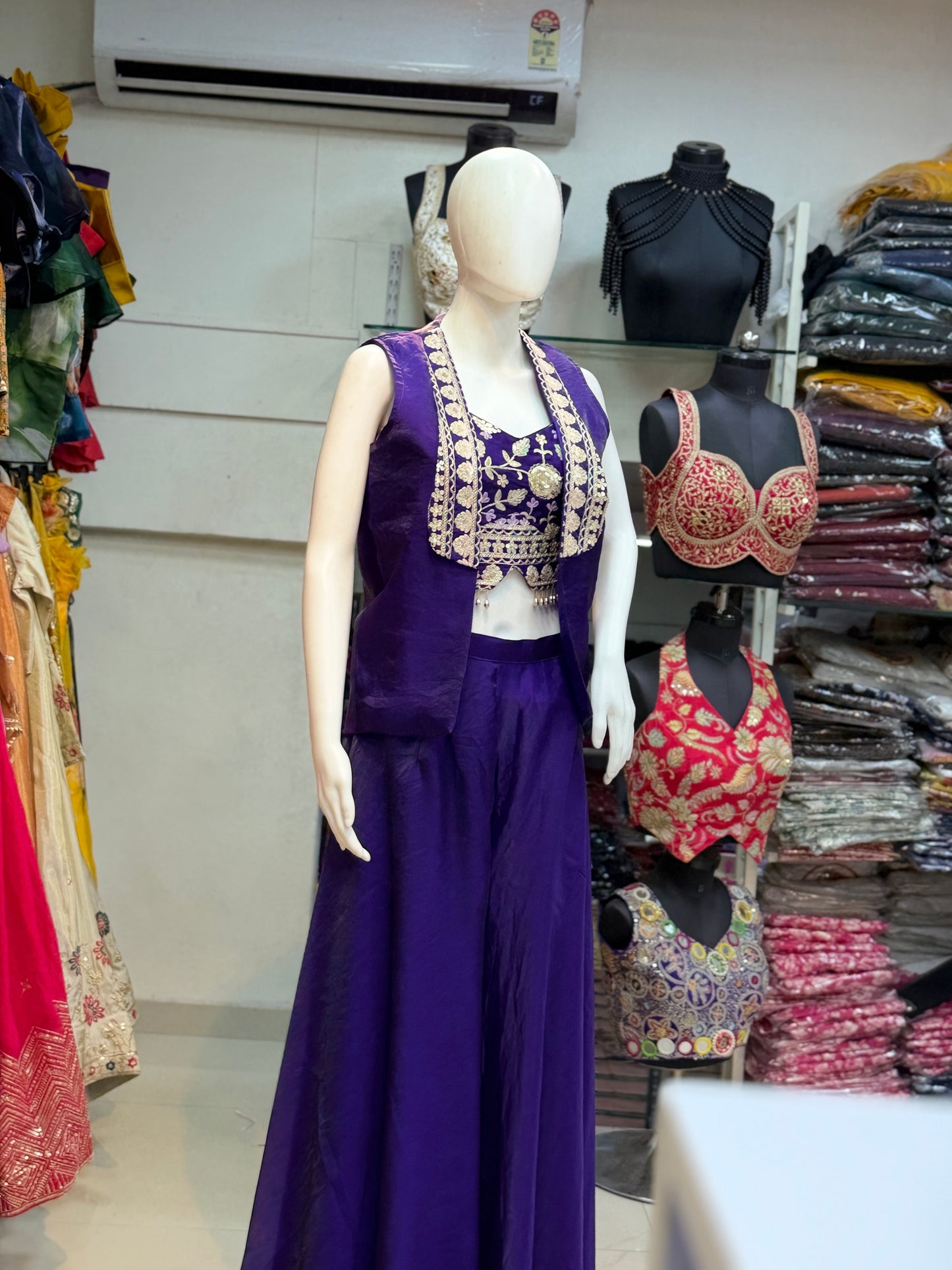 Women’s Purple Indo Western Palazzo Set with Embroidered Blouse & Shrug | Designer Party Wear 3 Piece Outfit