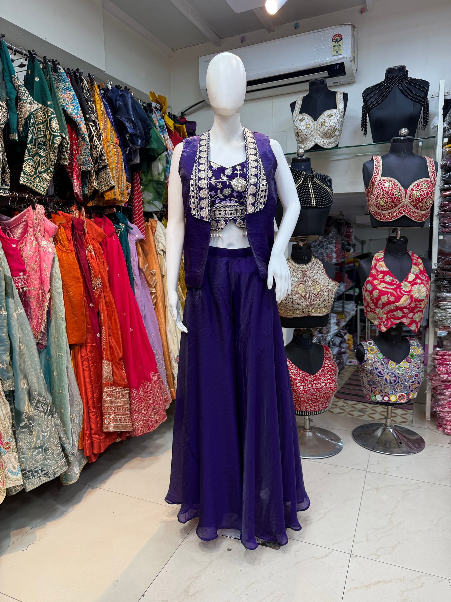 Women’s Purple Indo Western Palazzo Set with Embroidered Blouse & Shrug | Designer Party Wear 3 Piece Outfit