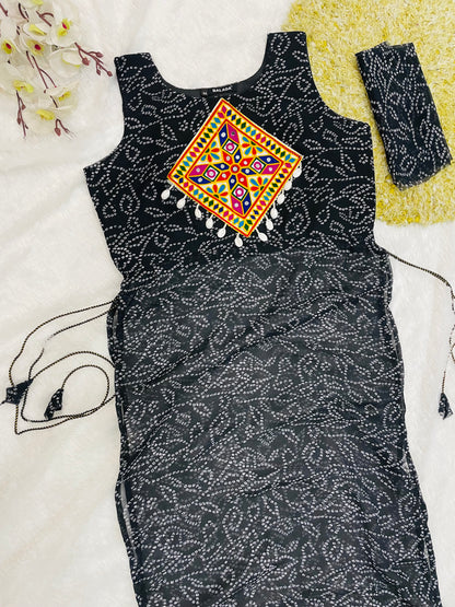 Black Bandhani Mirror Work Kurti Set