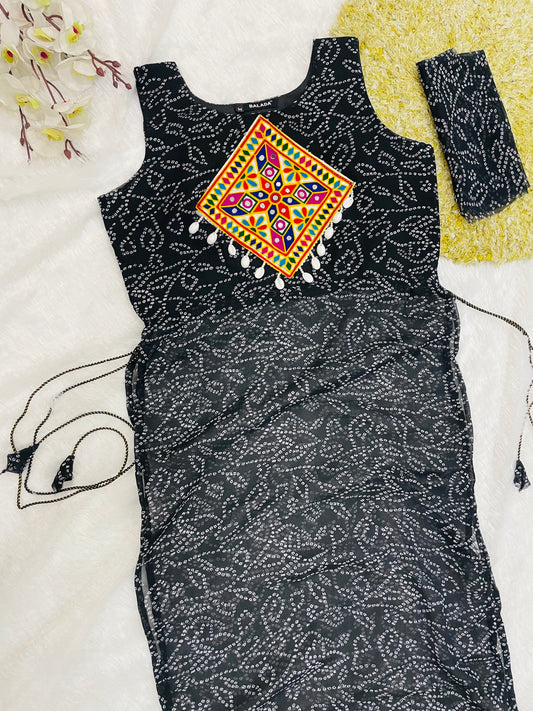 Black Bandhani Mirror Work Kurti Set