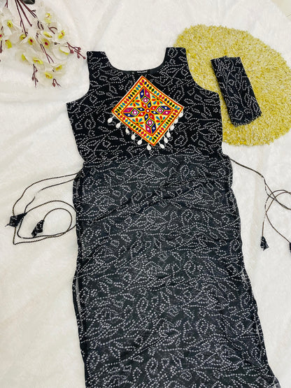 Black Bandhani Mirror Work Kurti Set