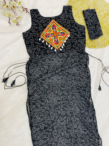 Black Bandhani Mirror Work Kurti Set