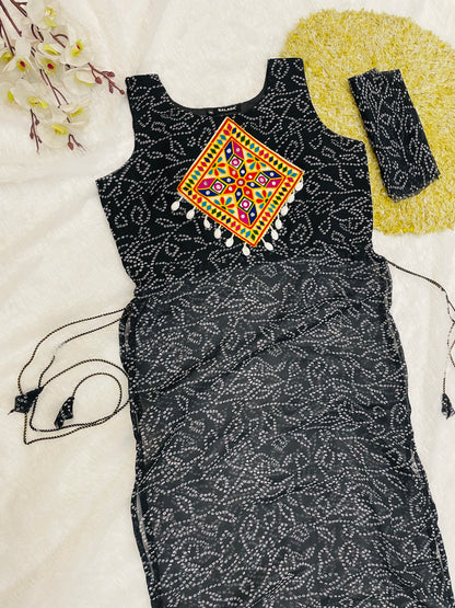 Black Bandhani Mirror Work Kurti Set