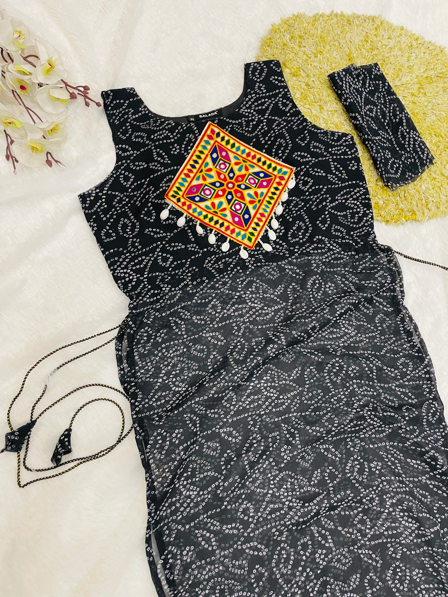 Black Bandhani Mirror Work Kurti Set