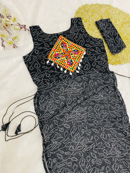 Black Bandhani Mirror Work Kurti Set