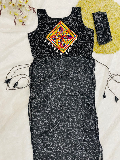 Black Bandhani Mirror Work Kurti Set
