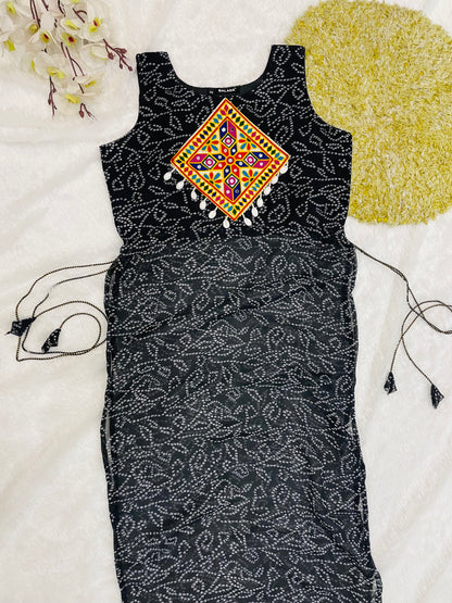 Black Bandhani Mirror Work Kurti Set