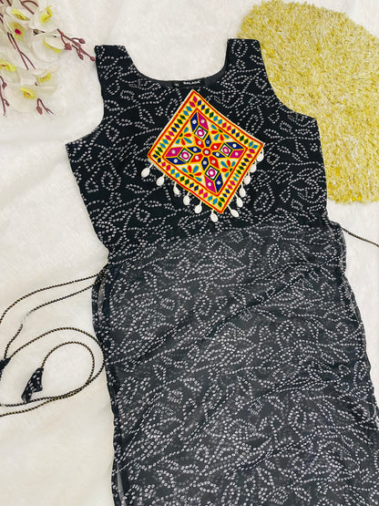 Black Bandhani Mirror Work Kurti Set