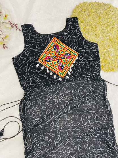 Black Bandhani Mirror Work Kurti Set