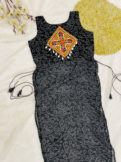 Black Bandhani Mirror Work Kurti Set