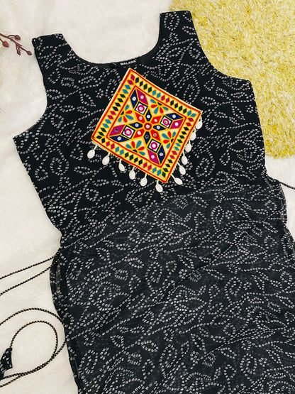 Black Bandhani Mirror Work Kurti Set