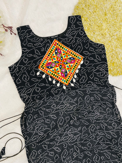 Black Bandhani Mirror Work Kurti Set