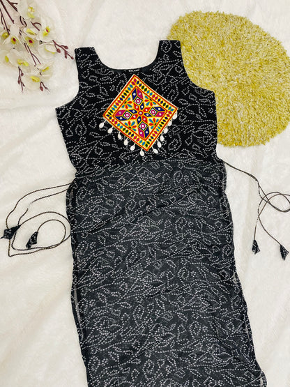Black Bandhani Mirror Work Kurti Set
