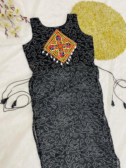 Black Bandhani Mirror Work Kurti Set