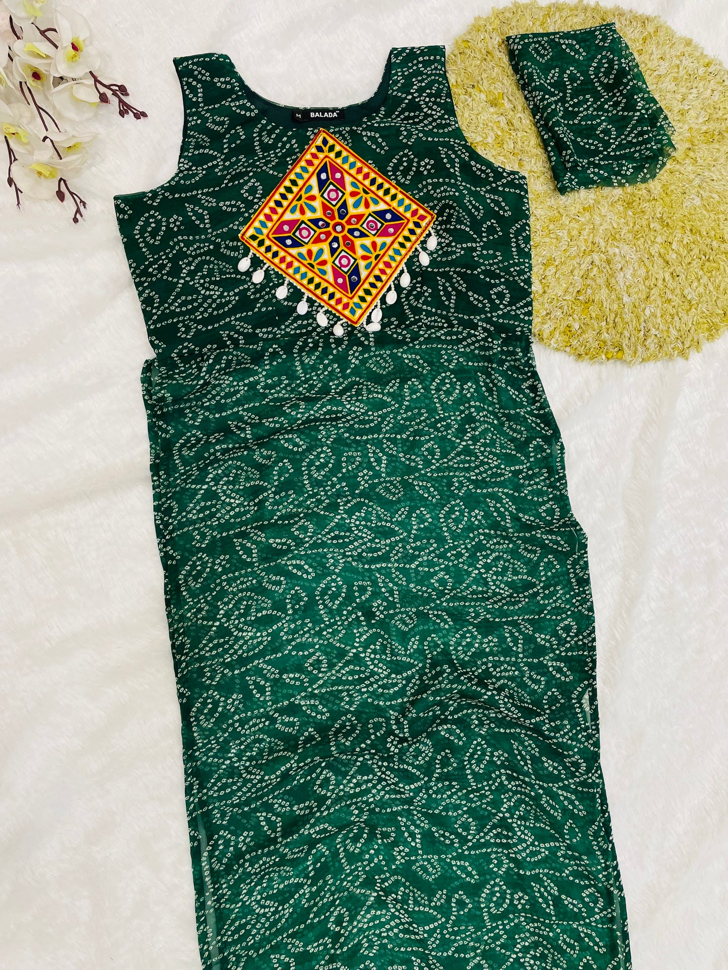 Dark-Green Bandhani Mirror work Kurti Set