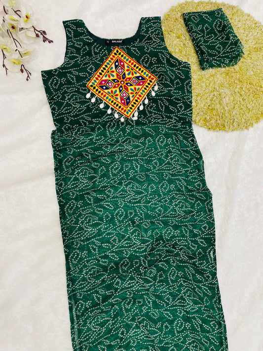 Dark-Green Bandhani Mirror work Kurti Set