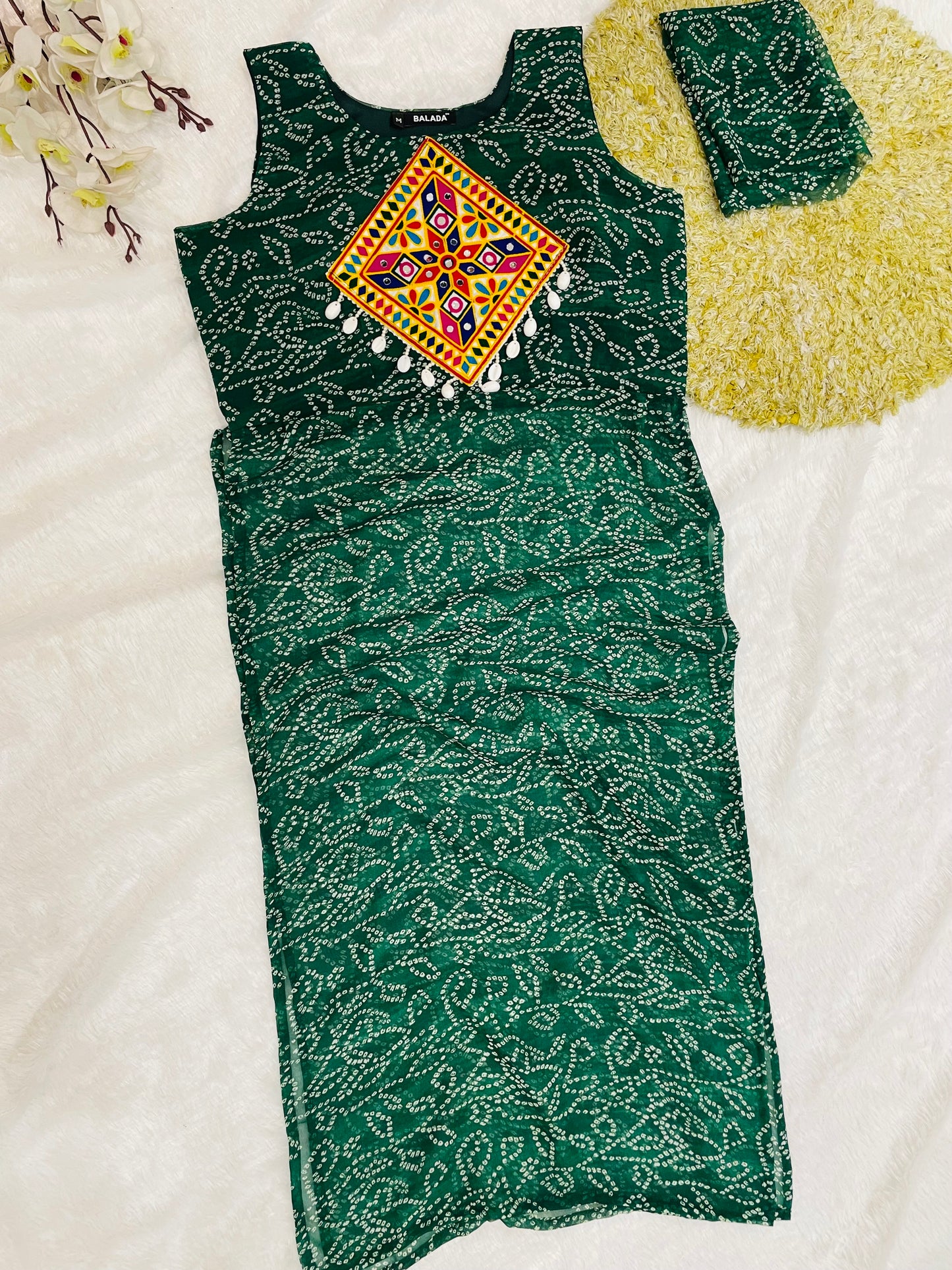 Dark-Green Bandhani Mirror work Kurti Set