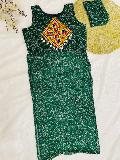Dark-Green Bandhani Mirror work Kurti Set