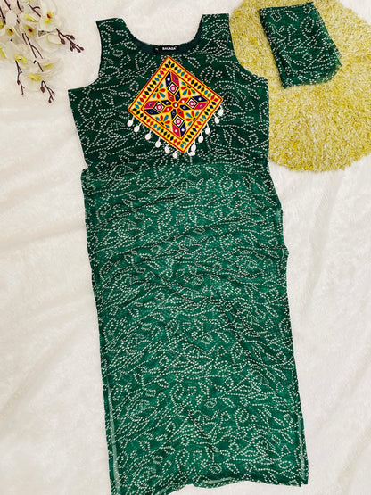 Dark-Green Bandhani Mirror work Kurti Set
