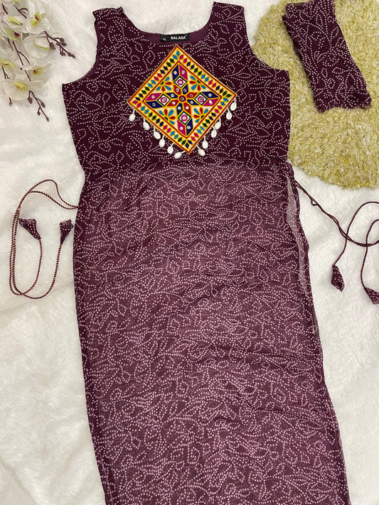 Reddish -Purple Bandhani Mirror Work Kurti Set