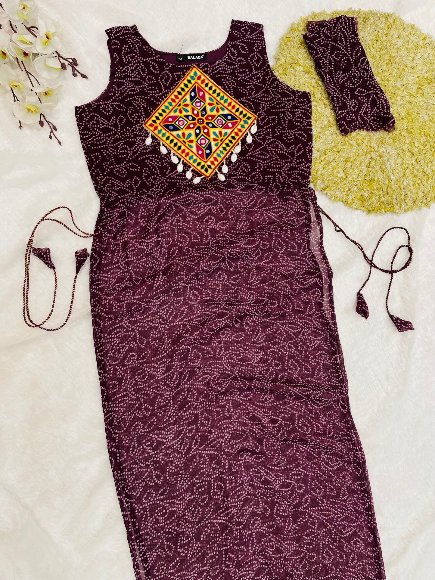 Reddish -Purple Bandhani Mirror Work Kurti Set