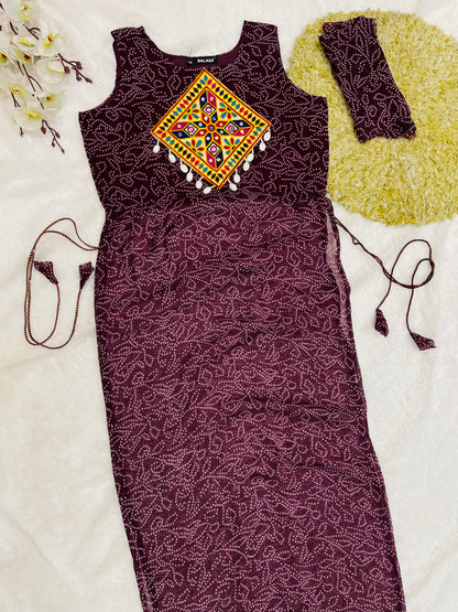 Reddish -Purple Bandhani Mirror Work Kurti Set