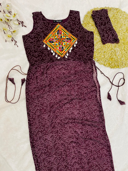 Reddish -Purple Bandhani Mirror Work Kurti Set