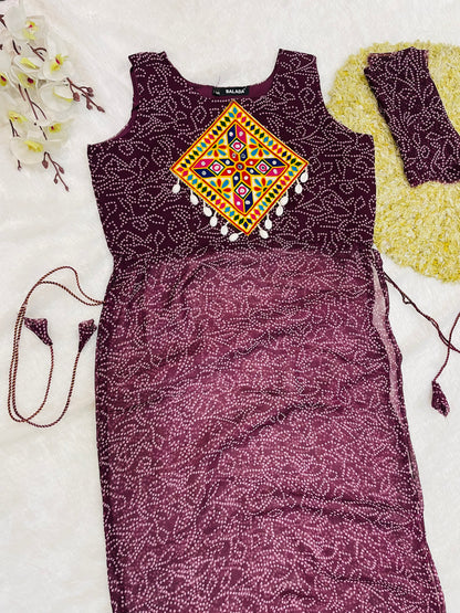 Reddish -Purple Bandhani Mirror Work Kurti Set