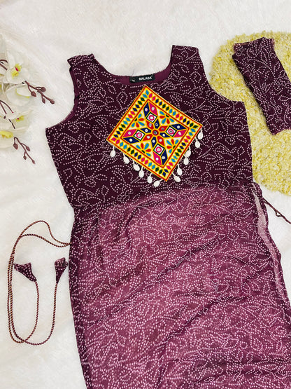 Reddish -Purple Bandhani Mirror Work Kurti Set