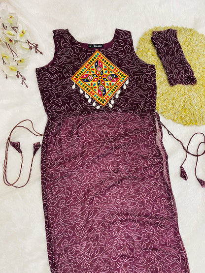 Reddish -Purple Bandhani Mirror Work Kurti Set