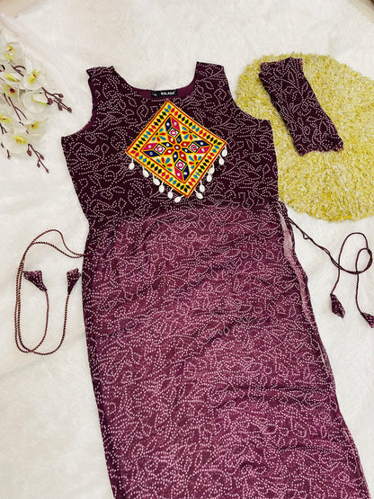 Reddish -Purple Bandhani Mirror Work Kurti Set