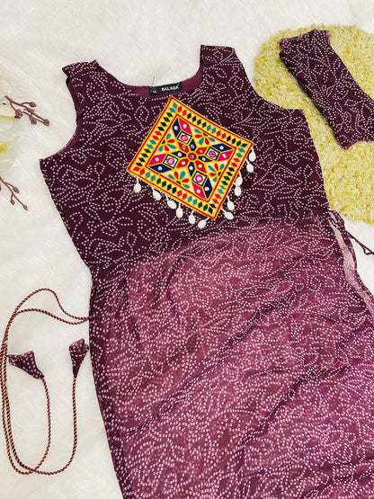 Reddish -Purple Bandhani Mirror Work Kurti Set