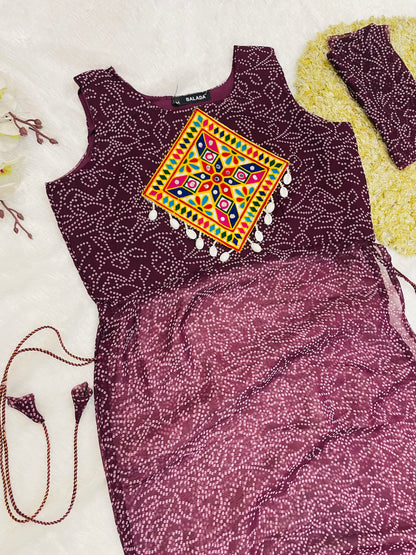 Reddish -Purple Bandhani Mirror Work Kurti Set