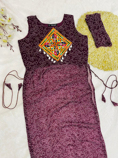 Reddish -Purple Bandhani Mirror Work Kurti Set