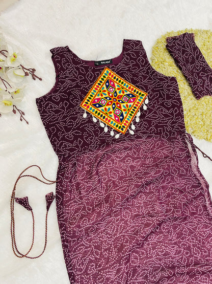 Reddish -Purple Bandhani Mirror Work Kurti Set