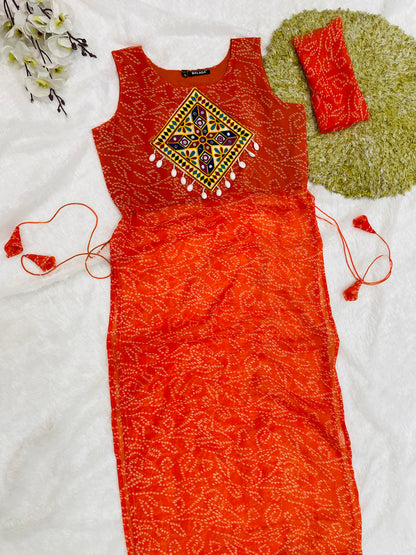 Orange Bandhani Mirror Work Kurti Set