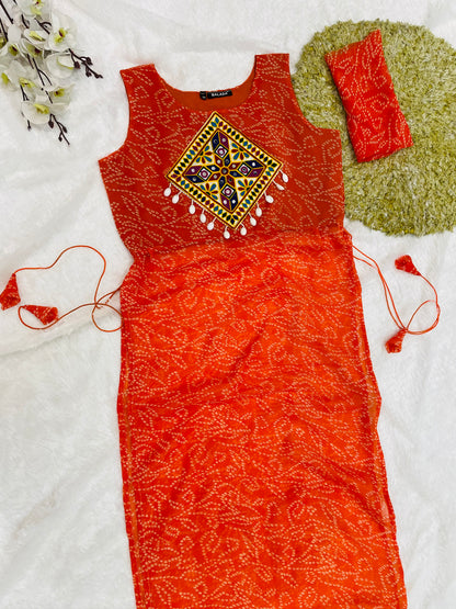 Orange Bandhani Mirror Work Kurti Set