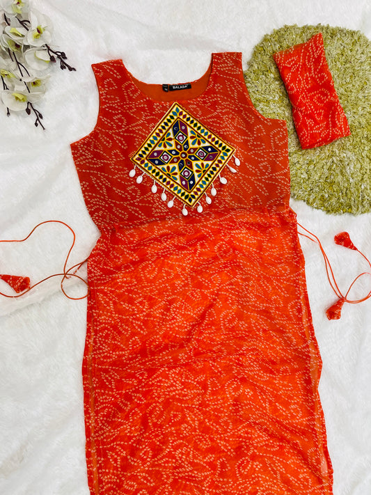 Orange Bandhani Mirror Work Kurti Set