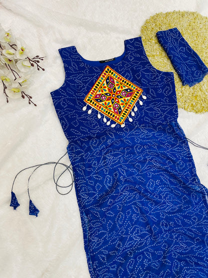 Royal Blue Bandhani Mirror Work Kurti Set