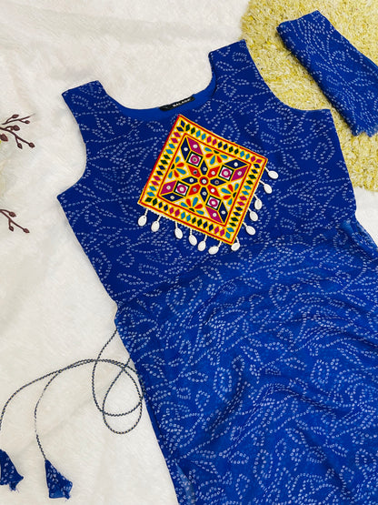 Royal Blue Bandhani Mirror Work Kurti Set