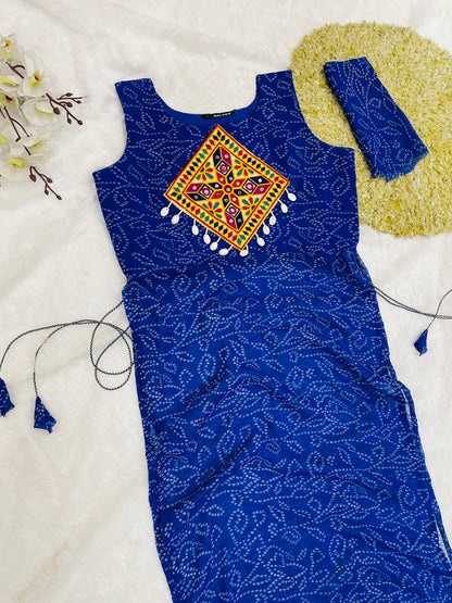 Royal Blue Bandhani Mirror Work Kurti Set
