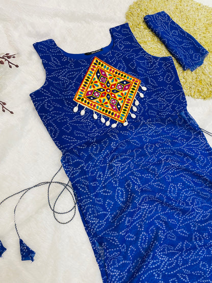 Royal Blue Bandhani Mirror Work Kurti Set