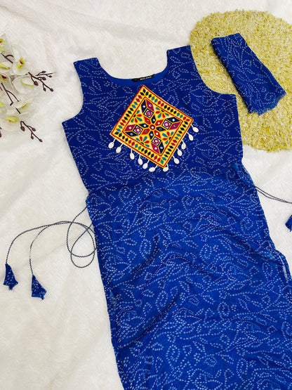 Royal Blue Bandhani Mirror Work Kurti Set