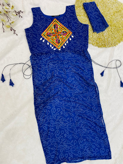 Royal Blue Bandhani Mirror Work Kurti Set